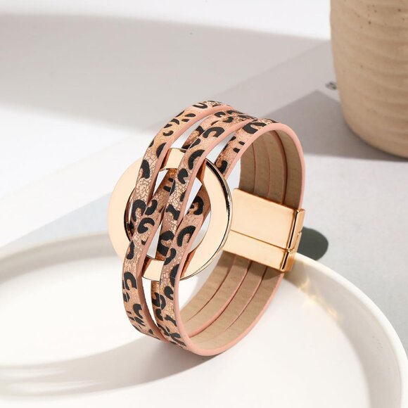 Leopard Circle Charm Leather Wrap Bracelet Handmade Cuff Bracelets for Women - Picture 2 of 2